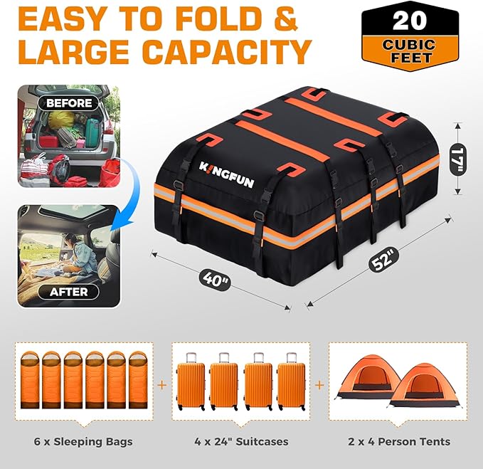 Kingfun Rooftop Cargo Carrier - Waterproof 20 Cubic Feet Car Roof Bag for All Vechicles with/Without Racks, Includes Anti-Slip Mat, 8 Reinforced Straps, 6 Door Hooks, Luggage Lock