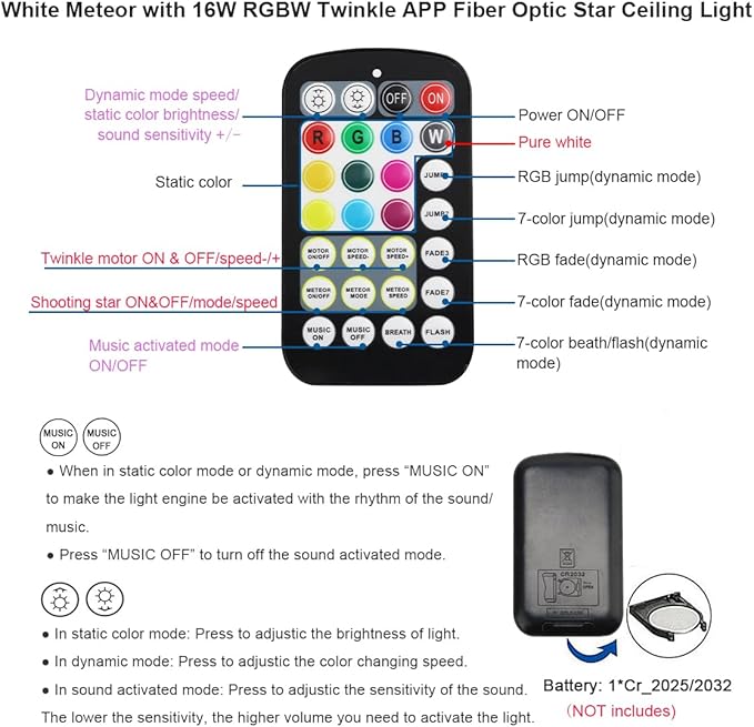 AKEPO Small Size 16W Twinkle Meteor APP Fiber Optic Light Kits, Shooting Star+RGBW Music Activated 550pcs 0.03in/0.75mm 9.8ft/3m Optical Fiber Star Ceiling Light Kit for Car Starlight Headliner/Home