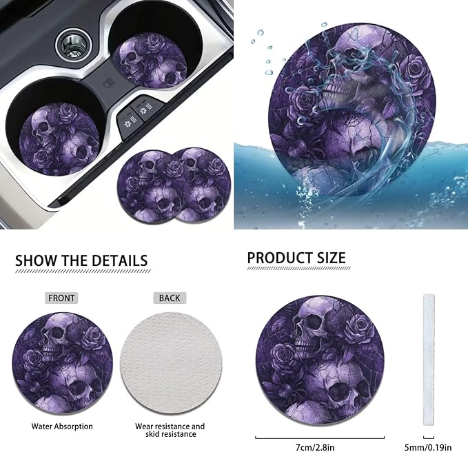 FKELYI Skeleton Car Seat Covers Full Set Purple Floral +Multicolor Mandala Cup Coasters+Headrest Covers+Anti-Slip Steering Wheel Cover+Gear Shift Cover+Handbrake Cover