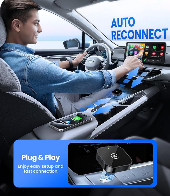Teeran 2 in 1 Wireless CarPlay and Android Auto Adapter, Easy Setup Plug and Play, Fast Seamless Use Supports 1000+ Cars with Built-in Wired Car Play/Android Auto Compact Sleek Design Car Adapter