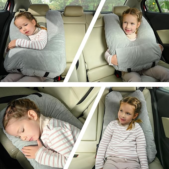 Travel Pillow, Car Pillow for Kids & Adults, Kid Travel Sleeping Pillows for Neck & Body Support, Car Travel Essentials Pillow on Road Trips, Gray