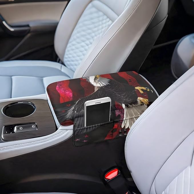 Car Center Console Cover Pad, American Flag Eagle Auto Console Arm Rest Cushion, Car Armrest Seat Box Protector, Car Memory Foam Armrest Pillow for Most Cars