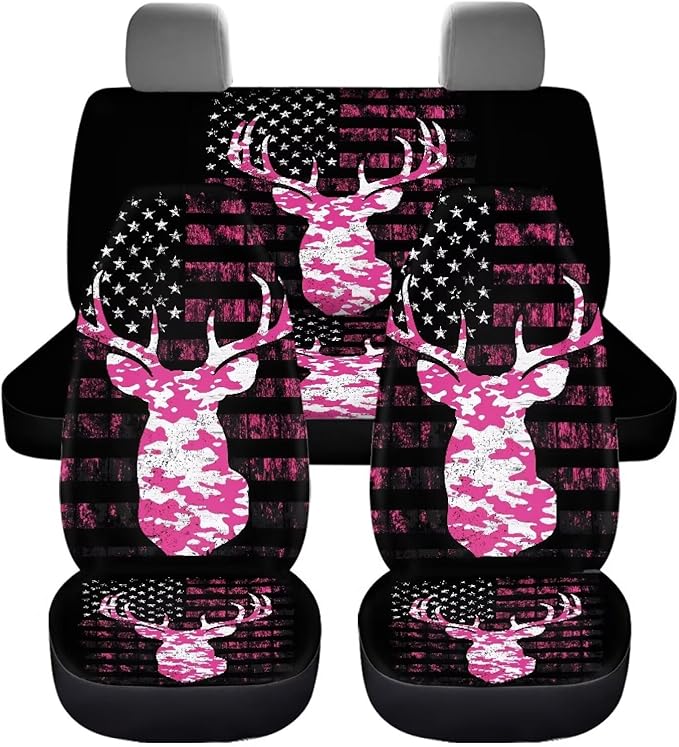 KEIAHUAN Camo Deer Hunting Car Seat Covers 4pcs Full Set Pink Front and Rear Bench Protector Fit Most Vehicle, Cars, Sedan, Truck, SUV and Van Auto Interior Accessories