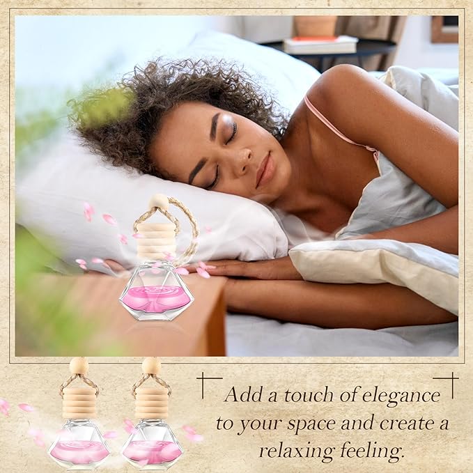 Domensi 200 Pcs Car Diffuser Bottles Air Freshener Bulk, Hanging Empty Glass Perfume Bottles Refillable Air Freshener Pendant Fragrance Vials Ornament Decor with Wooden Caps String(Classic)