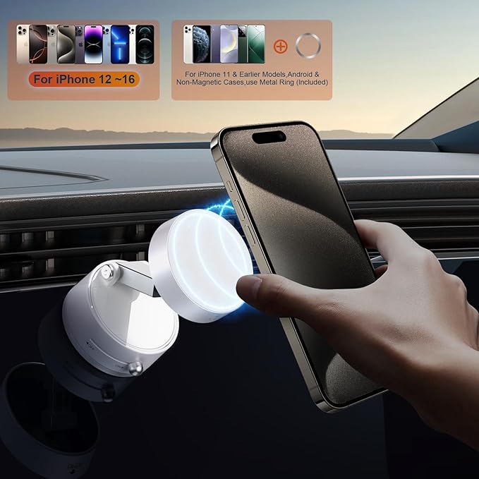 OOCC Vacuum Magnetic Phone Holders for Your Car, 360°Rotating Adjustable Magsafe Car Phone Mount, Foldable Magnetic Car Phone Holder for All Smartphones & All Car Models, White