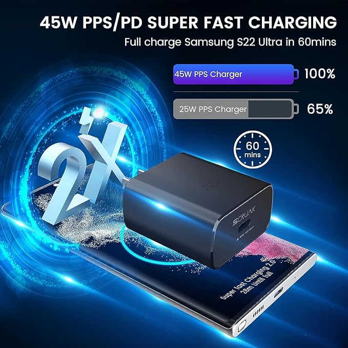 S24 S25 Ultra Charger Type C, SCRUAK 45W PPS Super Fast USB-C Wall/Car Charger for Samsung Galaxy S26 Ultra/S26+/S25/S24 Ultra/S24+/S23/S22/S20/Note 20/Note 10+(10FT+3.3FT 5A Type C Cable)