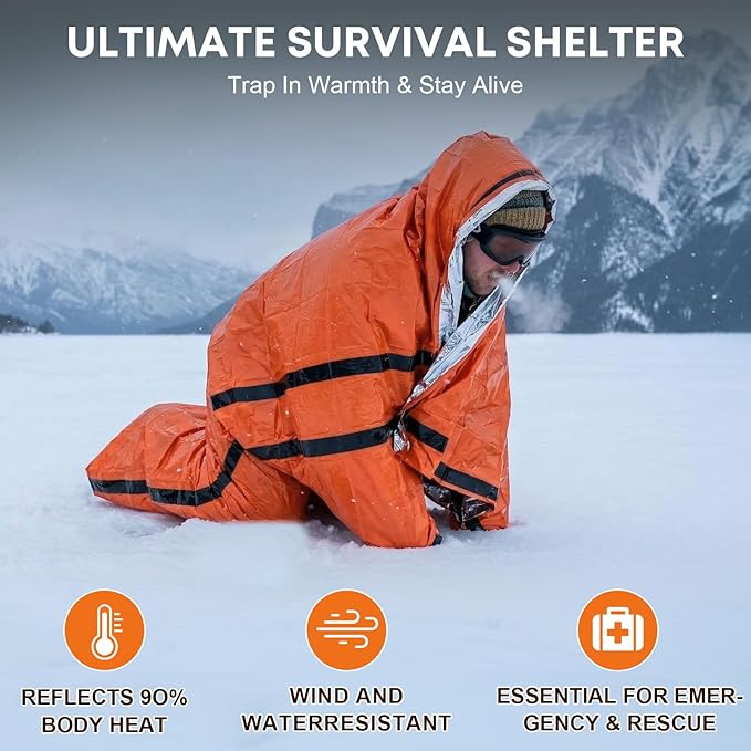 Emergency Sleeping Bag for Survival: 2 Pack Thermal Bivy Sack - 90% Heat Retention in 3 Seconds - 15°C Perceived Temperature Increase - 95% Full-Body Coverage for Family Camping