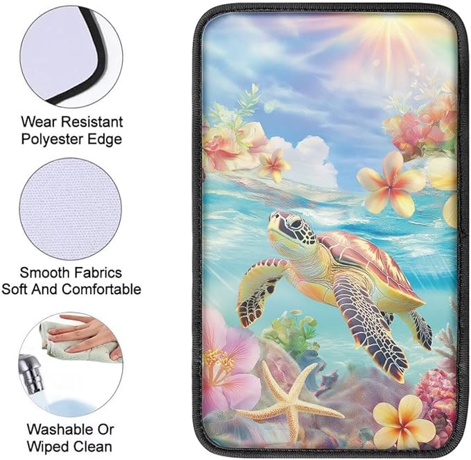 Suobstales Turtle Starfish Hibiscus Plumeria Print Car Armrest Pad Soft Center Console Arm Rest Protector Cover Universal Car Interior Accessories Decoration