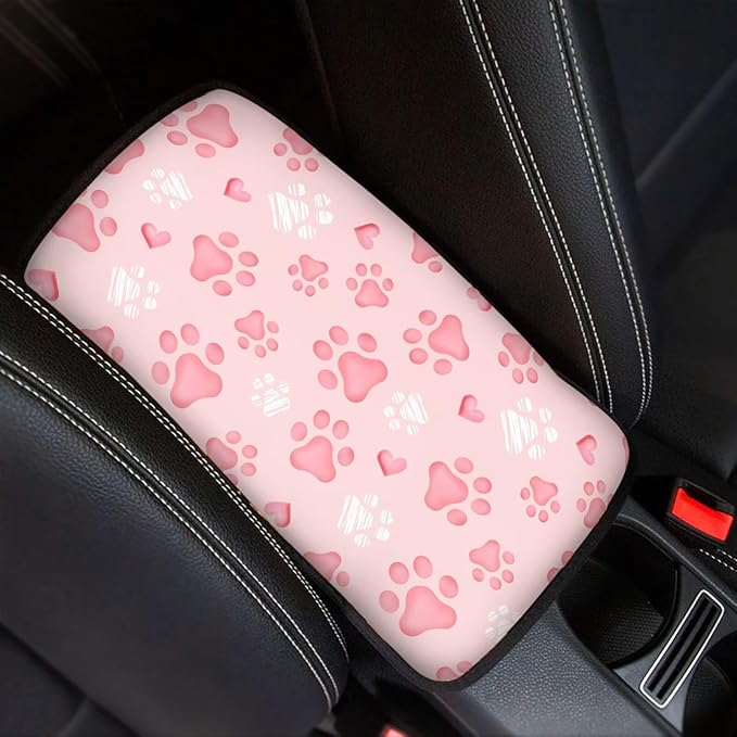 Dreaweet Center Console Cover Pink Dog Paw Accessories for Women Middle Console Covers for SUV Sedan Non Slip Anti Scratch Arm Rest for Car Armrest Storage Box Mat