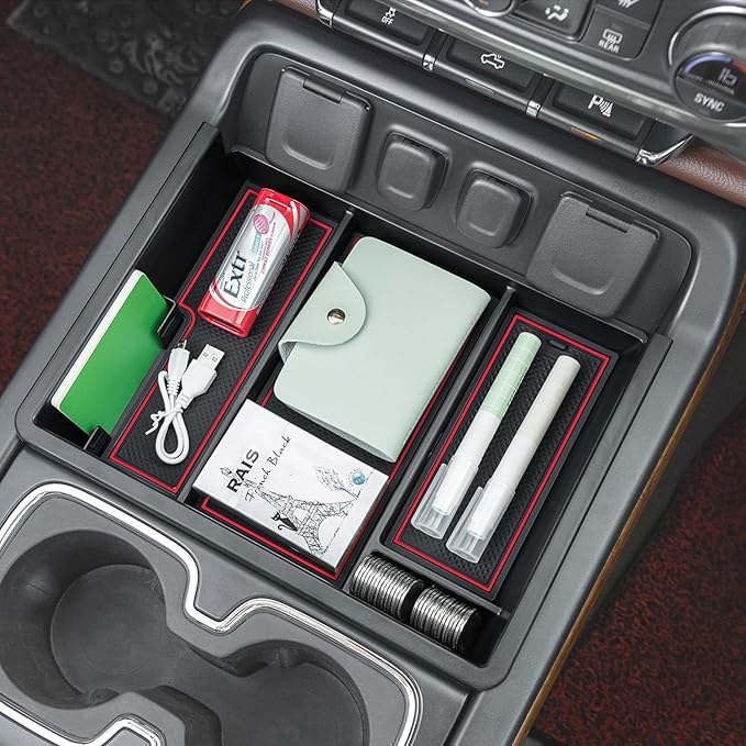 PIMCAR Center Console Organizer Tray for 2014-2018 Chevy Silverado GMC Sierra 1500 & 2015-2019 2500HD/3500HD Models - Custom Fit Storage Insert Accessories - Red Trim