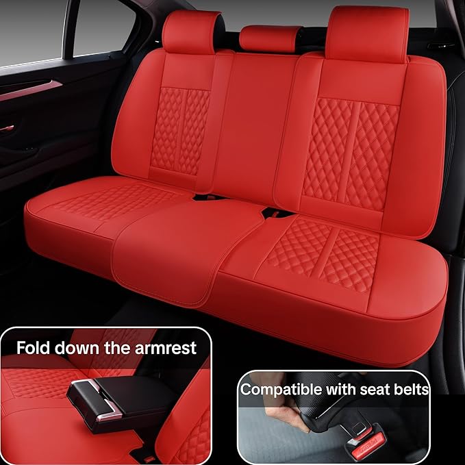Car Seat Cover Set, Red Seat Covers, Automotive Interior Accessories, with Lumbar Support, Premium Nappa Leather, Waterproof, Protects and Upgrades Your Car Interior, Fits Most Vehicles