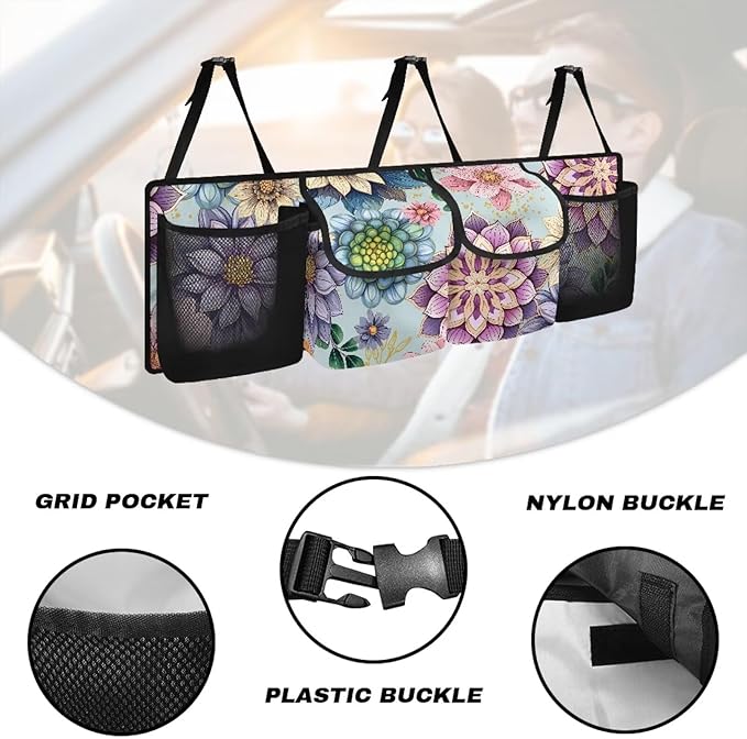 Bohemian Mandala Floral Flowers Car Trunk Organizer, Space Saving Expert, 4 Compartments, Multicolored
