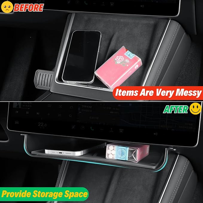 Under Screen Storage Compatible with 2025 2026 New Tesla Model Y Juniper & Model 3 Highland Center Console Organizer Tray Hidden Compartment Hanging Box Interior Accessories - ABS, Black