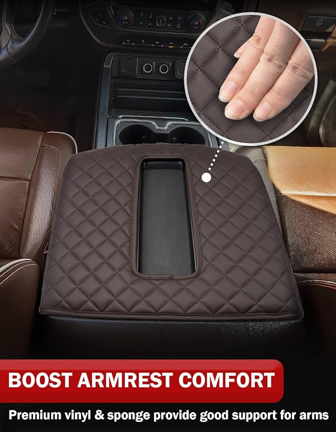 KBH Center Console Armrest Cover for Chevy Silverado, GMC Sierra 1500 2500 3500 2014-2018 & Tahoe Yukon Suburban 2015-2020, Floor Console Bucket Seat, Vinyl Leather, Dark Brown