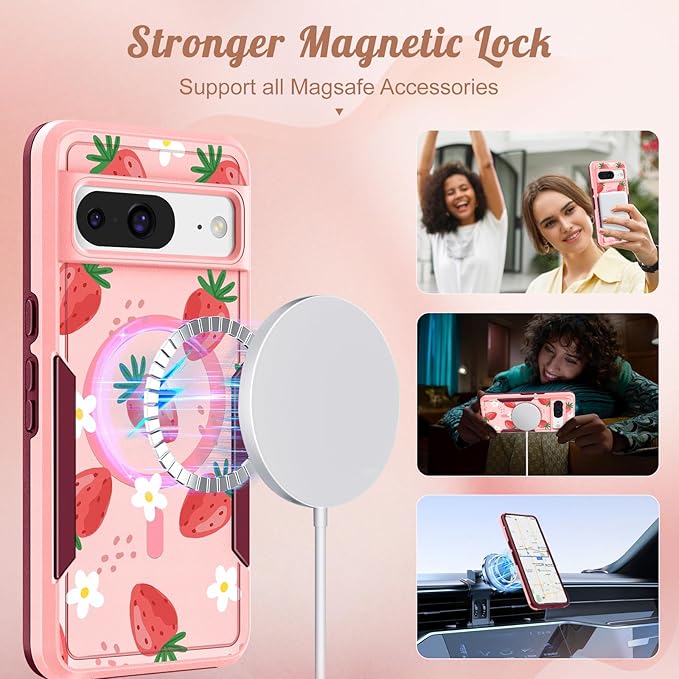 for Google Pixel 8 Case 6.2 Inch - Compatible with MagSafe Women Girls Cute Magnetic Protective Cover Girly Kawaii Strawberry Heavy Duty Shockproof Design for Google Pixel 8 Phone Cases