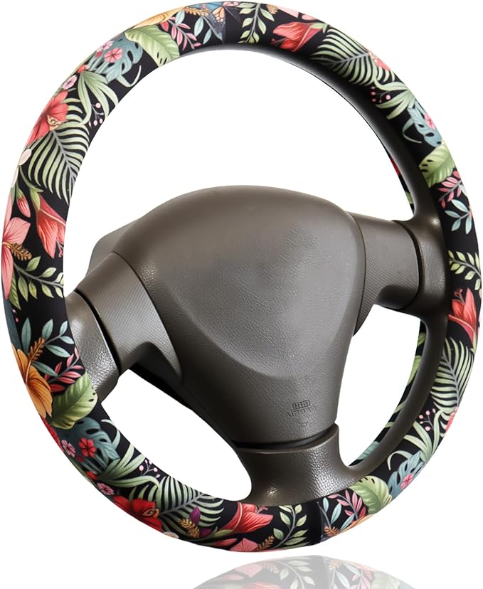 Tropical Hibiscus Plumeria Steering Wheel Cover for 14.5-15 Inch (37-38 cm) Wheels, Premium Fabric with Non-Slip Rubber Inner Ring (Tropical Hibiscus Plumeria)