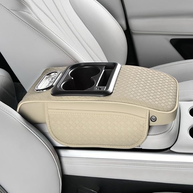 2026 Enhanced Car Center Console Armrest Cushion with USB& Type-C Charging, PU Leather Console Pad with Cup Holders, Storage& Tissue Outlet for Most Vehicles (Sloped Version, Light Beige)