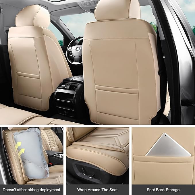 Car Seat Covers, Premium Leather Car Seat Covers, Waterproof and Breathable Seat Covers, Universal Car Seat Protector Fit for Cars, Trucks, SUVs, Pick-ups (Beige, FullSet)