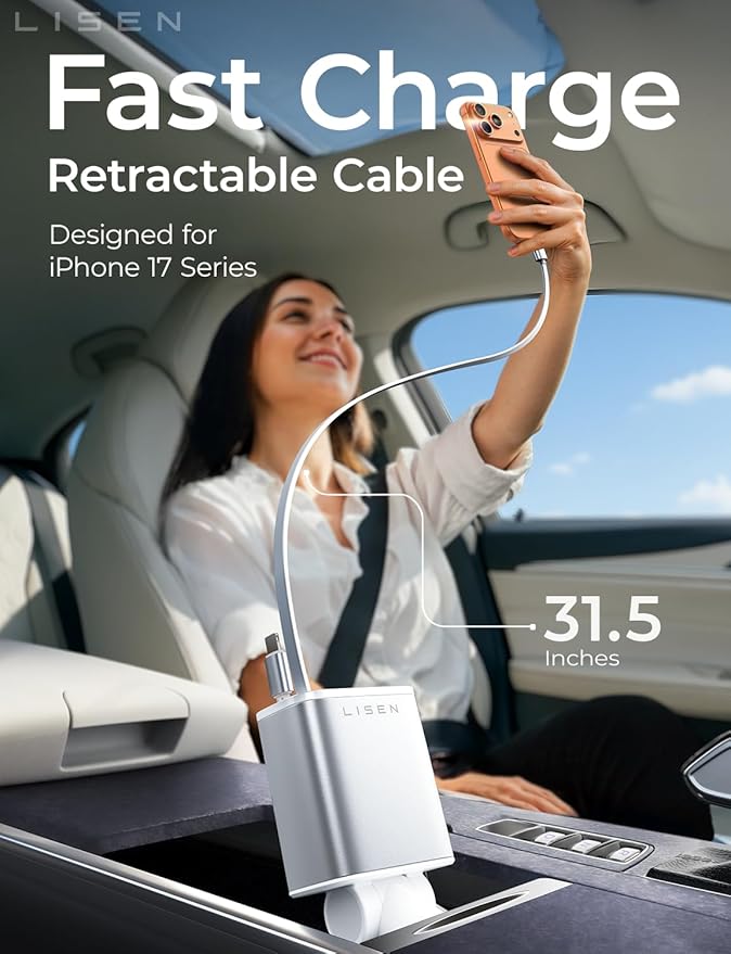 LISEN Retractable Car Charger for iPhone, for iPhone 17 Pro Max 16 15 14 13 12 Plus Mini, Cute 4 in 1 Retractable USB C Car Charger Fast Chareg for Women Men, 84W Fast Charging Car Accessorie