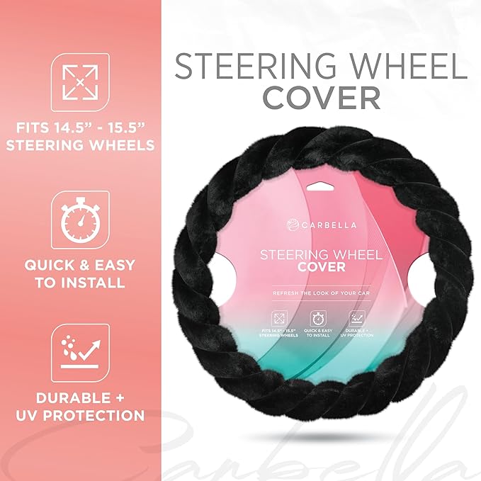 Carbella Twisted Fur Black Soft Steering Wheel Cover, Standard 15 Inch Size Fits Most Vehicles, Fuzzy Fluffy Car Steering Cover with Soft Faux Fur Touch, Car Accessories for Women