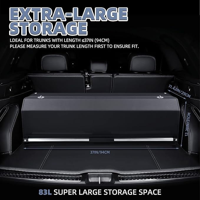 Car Trunk Organizer, Leather Trunk Organizer with LED Light Car Storage Box with Lid and Push-pull Handle Organizer Trunk Storage for SUV, Trunk, Minivan (Black, 37 x 11.4 x 12.2in)