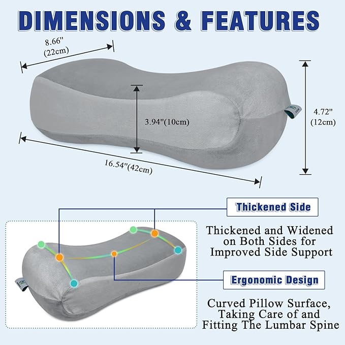 Back Lumbar Support Cushion for Office Chair - Soft Memory Foam Back Pillow for Back Pain - Bolster Cushion for Long Sitting, Driving, Travel, Bed - Versatile Pillow (Grey)