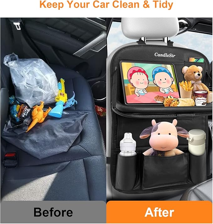 Luxury PU Leather Car Organizer with Foldable Tablet Tray, 9 Storage Pockets for Back Seat