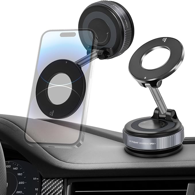 Jikasho Vacuum Magnetic Car Phone Holder for Magsafe, Hands-Free 360° Adjustable Suction Cup Phone Mount for Car/Gym/Mirror/Smooth Surface, Compatible with iPhone & Android (Silver Black)