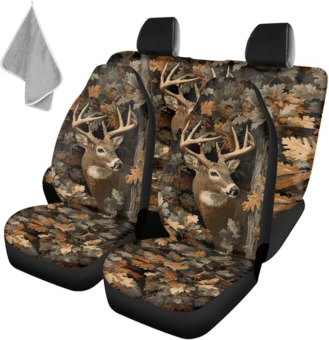 KEIAHUAN Car Seat Covers for Front and Rear Seat Full Set of 4 Pcs Camo Deer Hunting Design Front Saddle Blanket Rear Split Bench Protection Cover Automotive Interior Accessories