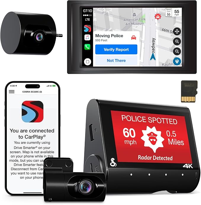 Cobra SC 250R Smart Dual View Front and Rear Dash Cam + Cobra Full HD (1080P) Cabin-View Accessory Camera (FV-CV2)