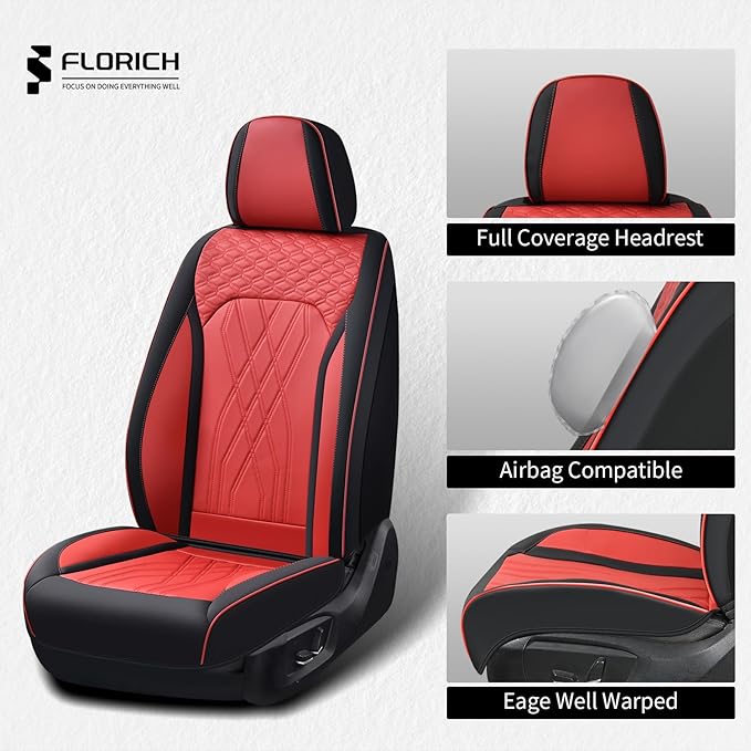 FLORICH Universal Seat Cover Full Set Leather Seat Covers 5 Seats Waterproof Seat Protector Car Seat Cushion Driver Seat Cover Universal Fit for Most Car Truck SUV, Black&Red