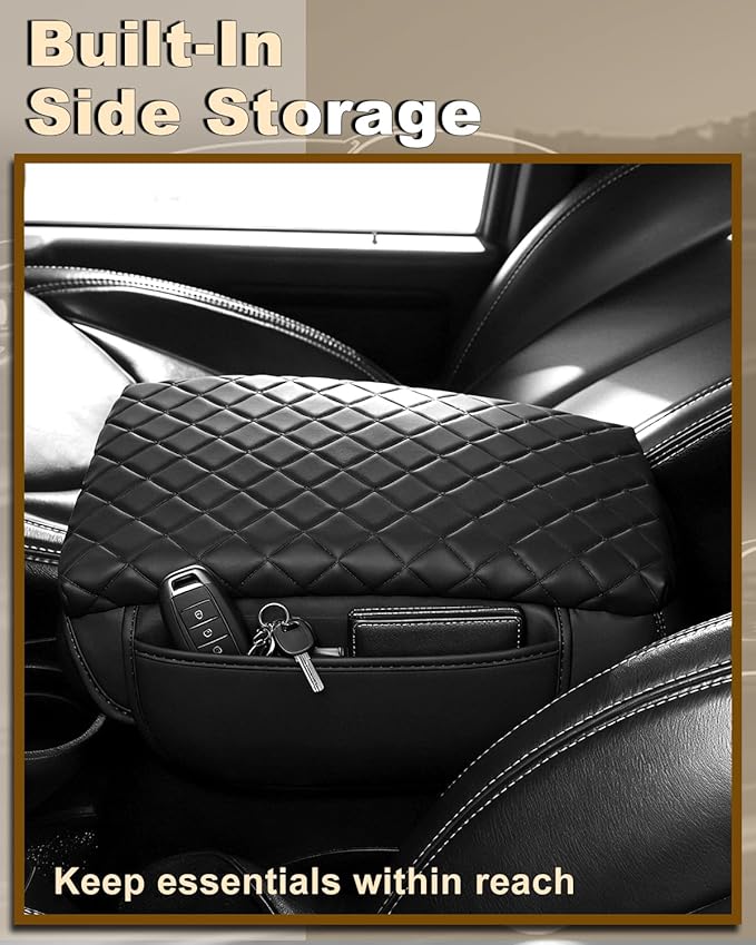 Armrest Cover for Jeep Wrangler JK Center Console Pad with Organizer Storage Pockets, Black Faux Leather Arm Rest Lid Cushion Accessories (2011-2017 Wrangler JK)