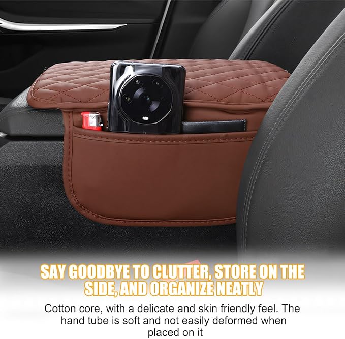 Mandark Car Center Console Cover, Microfiber Leather Vehicle Armrest Protector Cushion with 2 Storage Bags, Auto Interior Arm Rest Seat Box Pad Accessories, Universal for SUV, Sedan, Truck (Brown)