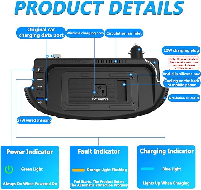 2025 New Version Car Wireless Charger for Ford Mustang 2015-2023 All Models, 15W Fast Charging Phone Tray with 27W USB + Type-c Port Qi Phone Wireless Charger, Black