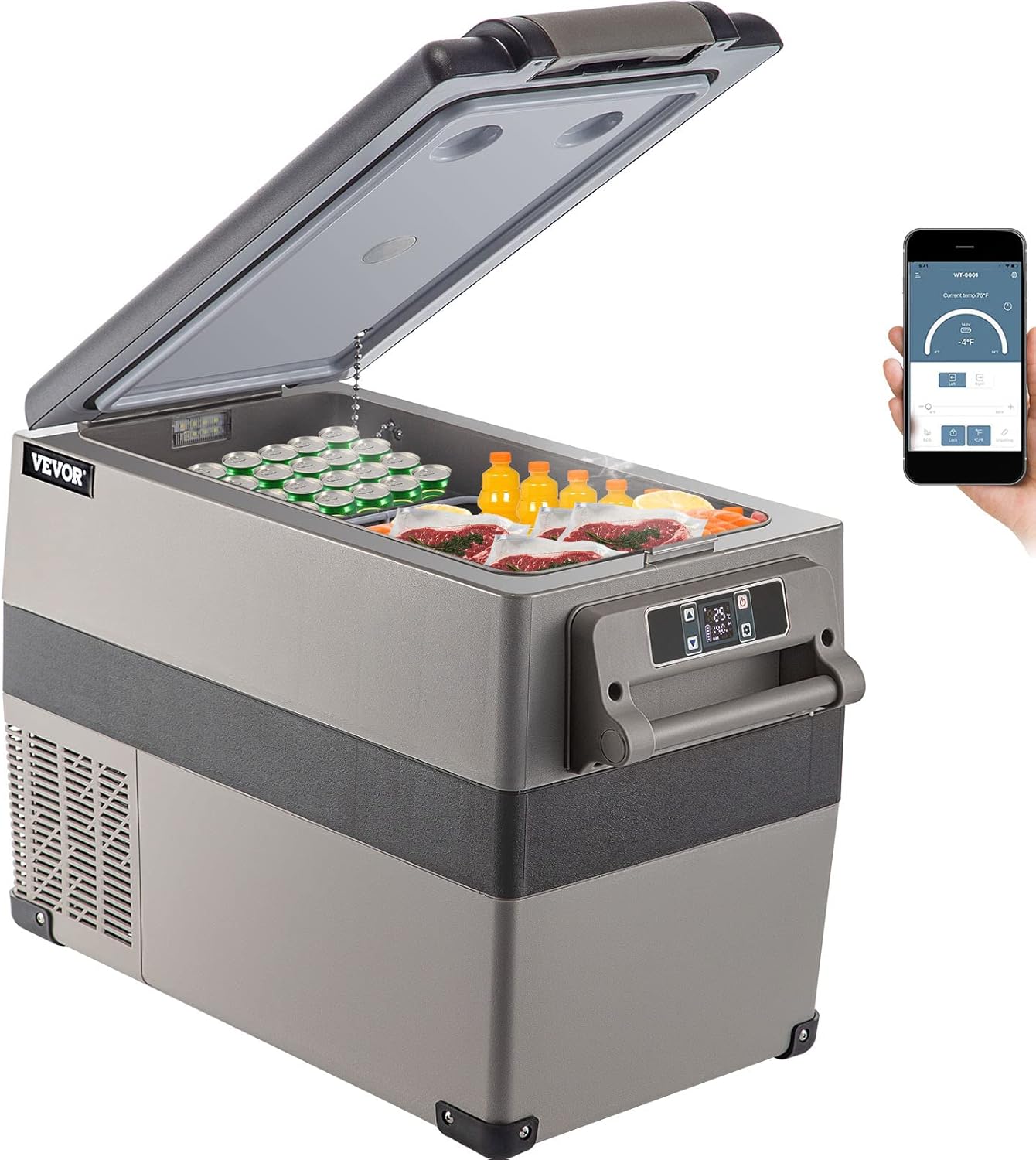 VEVOR 12 Volt Refrigerator, 48 Quart (45L) Fast Cooling Portable Freezer with App Control (-4℉~68℉), Car Fridge with 12/24v DC & 110-240v AC for Travel, Truck, Camping and Home Use, Grey