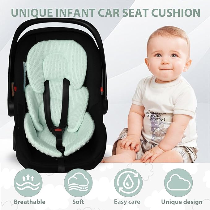 Infant Carseat Insert, 2-in-1 Reversible Baby Car Seat Cushion for Newborn Toddler Head & Body Support Car Seat Pad for Carseats, Strollers, Swings, Bouncers, Green