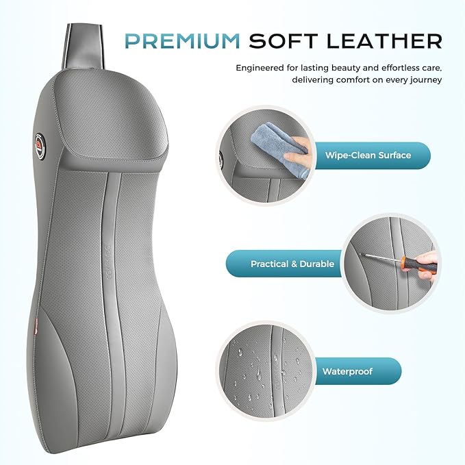 Coverado Upgraded Lumbar Support Pillow and Car Neck Pillow, Ergonomic Memory Foam Integrated Car Cushion Back Neck Support Pillow, Soft Leather Cushion Back Pain Relief for Car Seat Driving, Gray