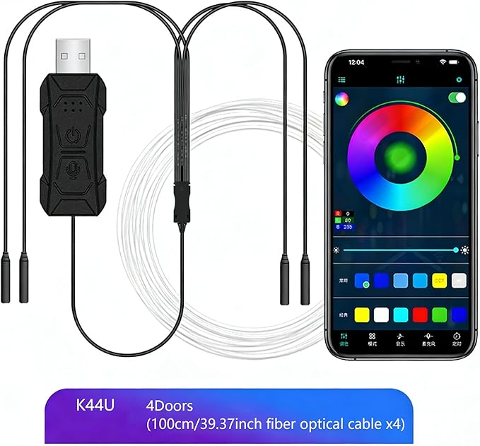 LED Car Interior Ambient Light, RGB Colors Interior Car Lights, Ambient Led Lighting Kit,for 4Doors 100cm/39.37inch Fiber Optical Cable x4,Accessories,Can Synchronize Music