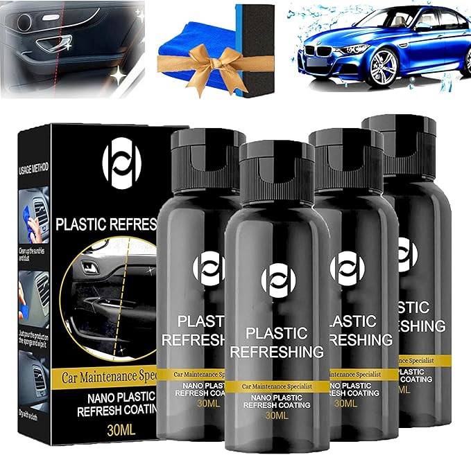 RJDJ Plastic Restorer for Cars, Trim & Exterior – Plastic Revitalizing Coating Agent, Restores Faded Plastic, UV Protection, Car Shine Refurbishing Solution (30ml-4pcs)