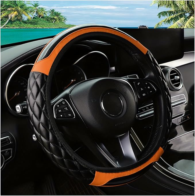 Car Steering Wheel Cover, 14.5-15inch Leather Anti-Slip Car Wheel Cover Protector, Safety Comfortable Desgin, Universal Auto Steering Wheels Accessories for Cars Truck SUV (Orange)