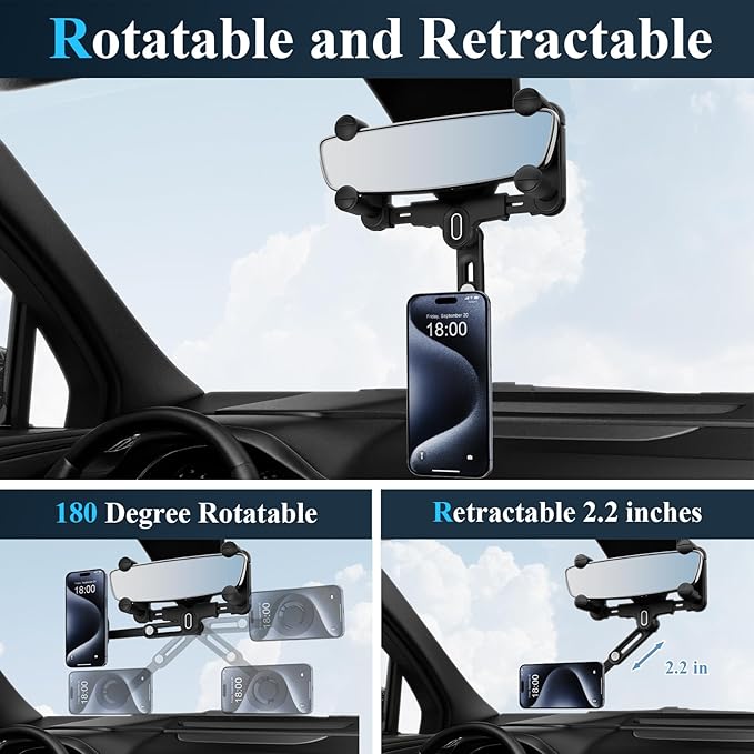for Magsafe Car Mount, Rear View Mirror Phone Holder, Rotatable and Retractable Phone Holder for Car Compatible with iPhone 17/16/15/14/13/12 Series and Phones with Magsafe Case or Metal Ring
