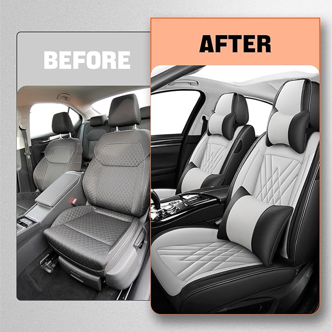 Car Seat Covers Compatible with Toyota Camry 2012-2026 Durable Waterproof Automotive Seat Covers Stretchable, Airbag Compatibility, Premium Nappa Leather(Black White, 2 Pcs Front with Pillow)