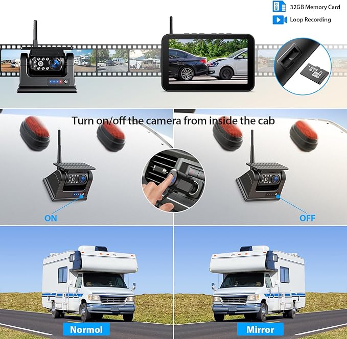 Magnetic Solar Wireless Backup Camera 1080P 7" DVR Monitor, Rechargeable RV Camera Wireless System for Hitch Towing Travel RV Camper 5th Wheel, Built-in 9600mAh Battery & Solar Panel -ZEROXCLUB BD701