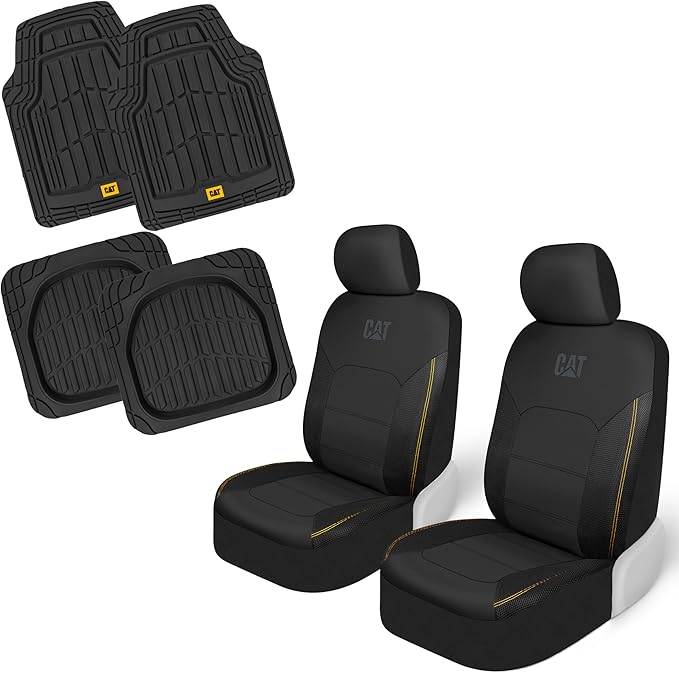CAT PU Leather Seat Covers for Cars – (2) Front Seat Covers with (4) All-Weather Heavy-Duty Floor Mats for Trucks, Cars, & SUVs Combo Set – Car Interior Protection Liners for Car Seats and Floors