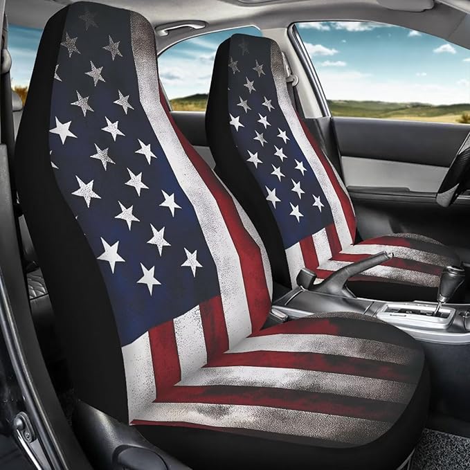 ELEQIN Vintage US Flag Print Car Seat Covers Two Front Only for Car, Automotive Interior Covers, Airbag Compatible, Quick Setup Universal Fit Seat Covers for Car, Truck, SUV