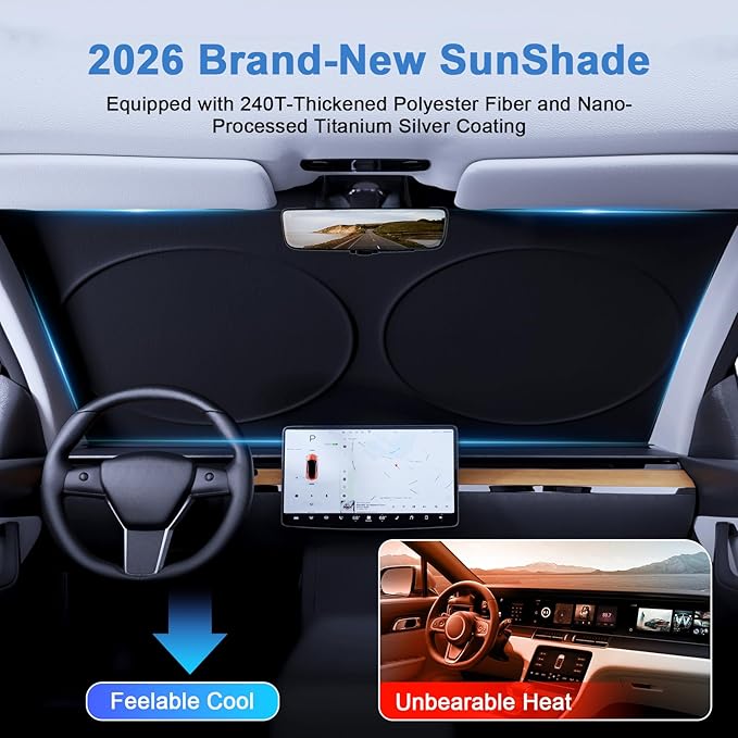 PEMOTech 2026 Upgraded Truck Windshield Sun Shade, Protector for F150/Raptor/Rv/Tikka, Thickened Overlapping Car Window Shades, Rays Blocker & Sun Dash Cover, Jeep Wrangler Accessories (69x35 inches)