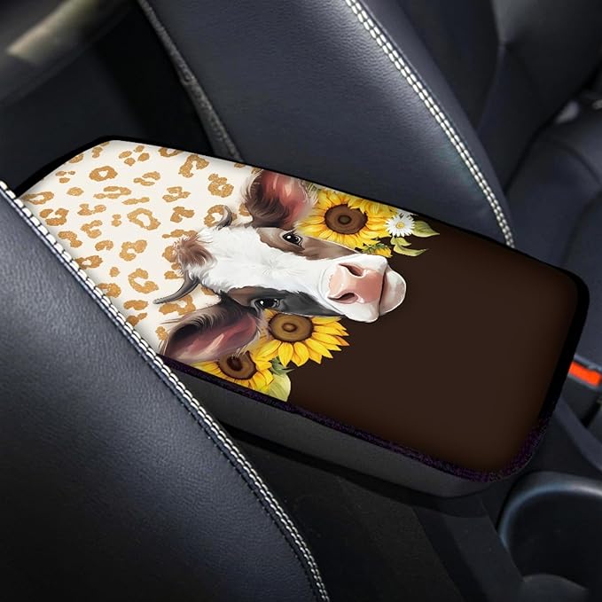 UNICEU Sunflower Farm Cow Print Car Center Console Armrest Cove Neoprene Soft Car Armrest Box Cover Pad Auto Interior Decor Accessoires
