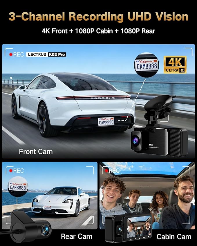4K Dash Cam Front and Rear Inside, 3-Channel Cars Camera Dash with 170° Wide Angle, Free 64GB SD Card, 5.8GHz WiFi, Night Vision, G-Sensor, Loop Recording, Parking Monitor, USB C, Max 256GB
