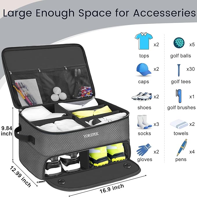 YOREPEK 2 Layer Golf Trunk Organizer, Golf Gifts for Men with Separate Ventilated Compartment for 2 Pair Shoes, Waterproof Car Trunk Locker for Balls, Tees, Clothes, Gloves, Gifts for Golfers
