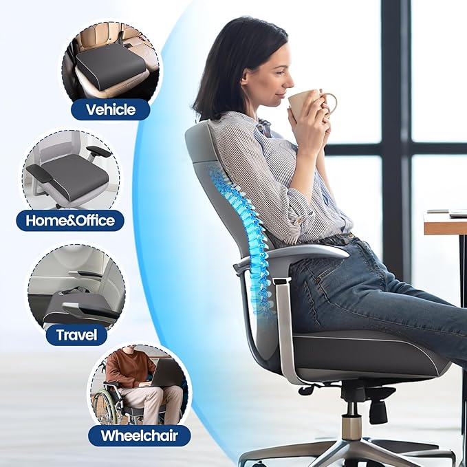 Seat Cushion for Tailbone Pain Relief, Office Chair Cushion, Memory Foam Large Chair Cushion with Non-Slip Cover for Soft Support at Office Chair, Car Seat, Airplane Grey/2X-Large